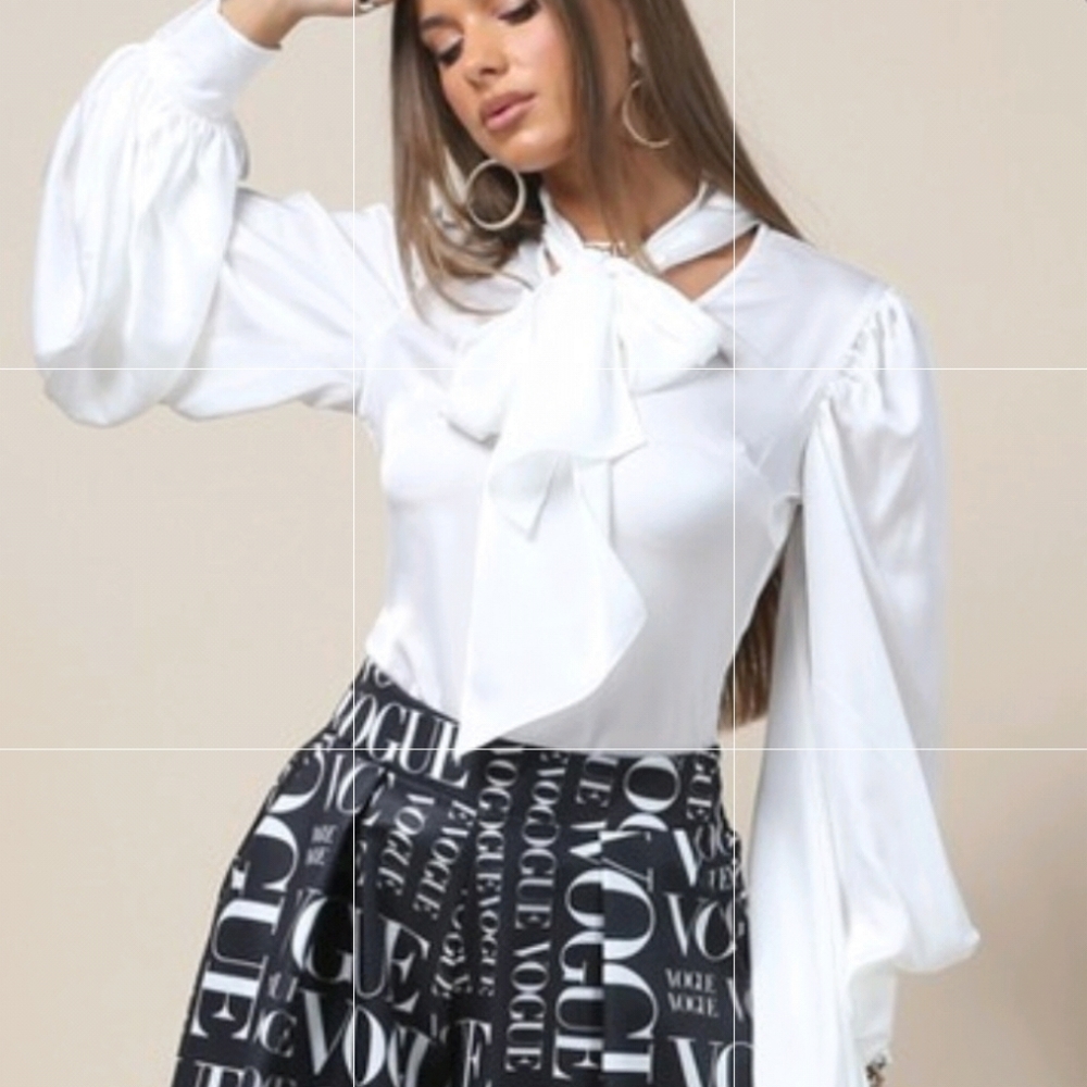 White Blouse With Bow Tie Puffed Sleeve